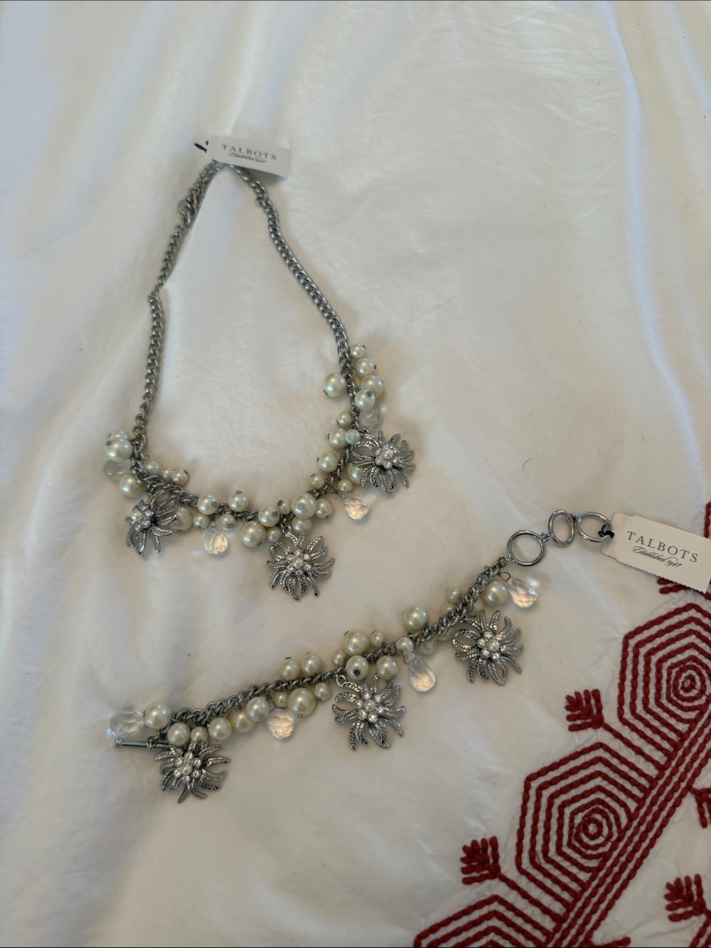 Talbots Pearl and Silver Necklace & Bracelet Set